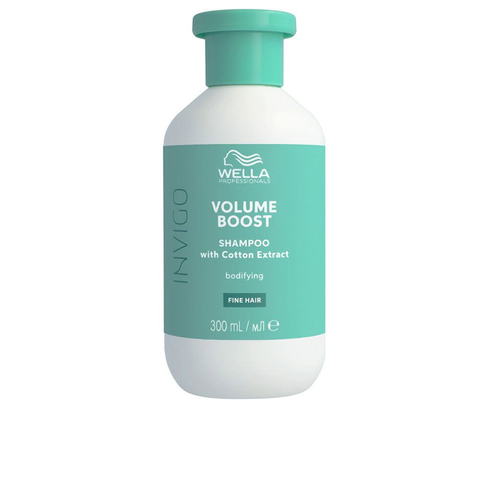Weiße Flasche mit türkisfarbenem Etikett. Aufschrift: Wella Invigo Volume Boost Shampoo. 300 ml.