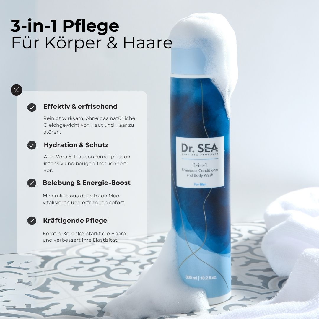 Flasche mit Schaum, Text: "Dr. SEA 3-in-1".