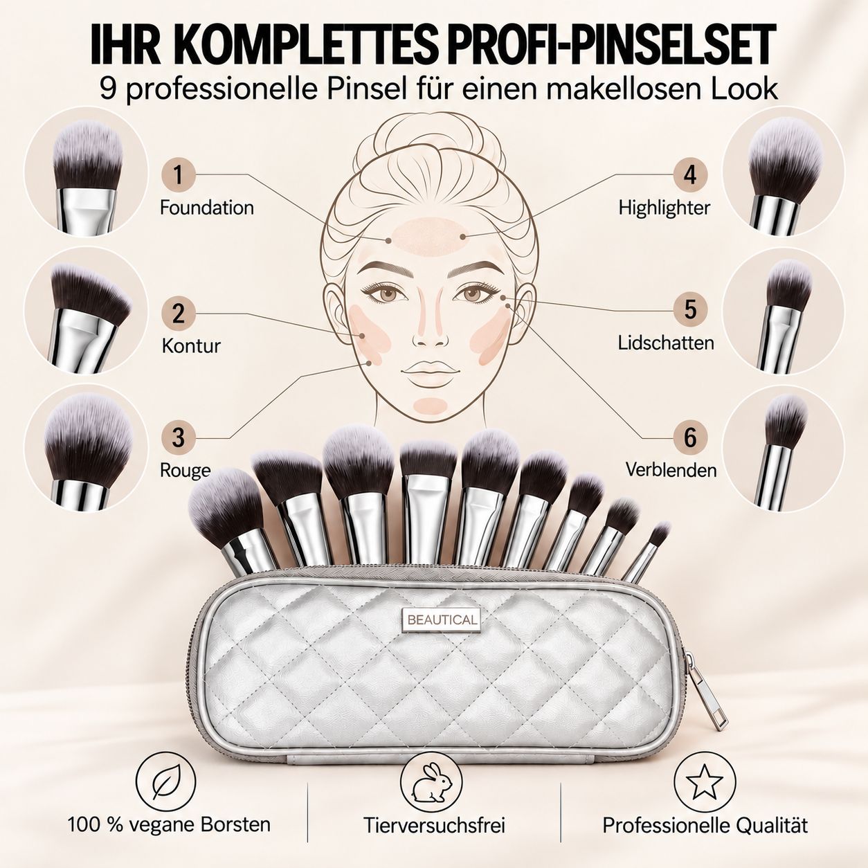 Neun professionelle Kosmetikpinsel für ein makelloses Make-up, vegane Borsten.