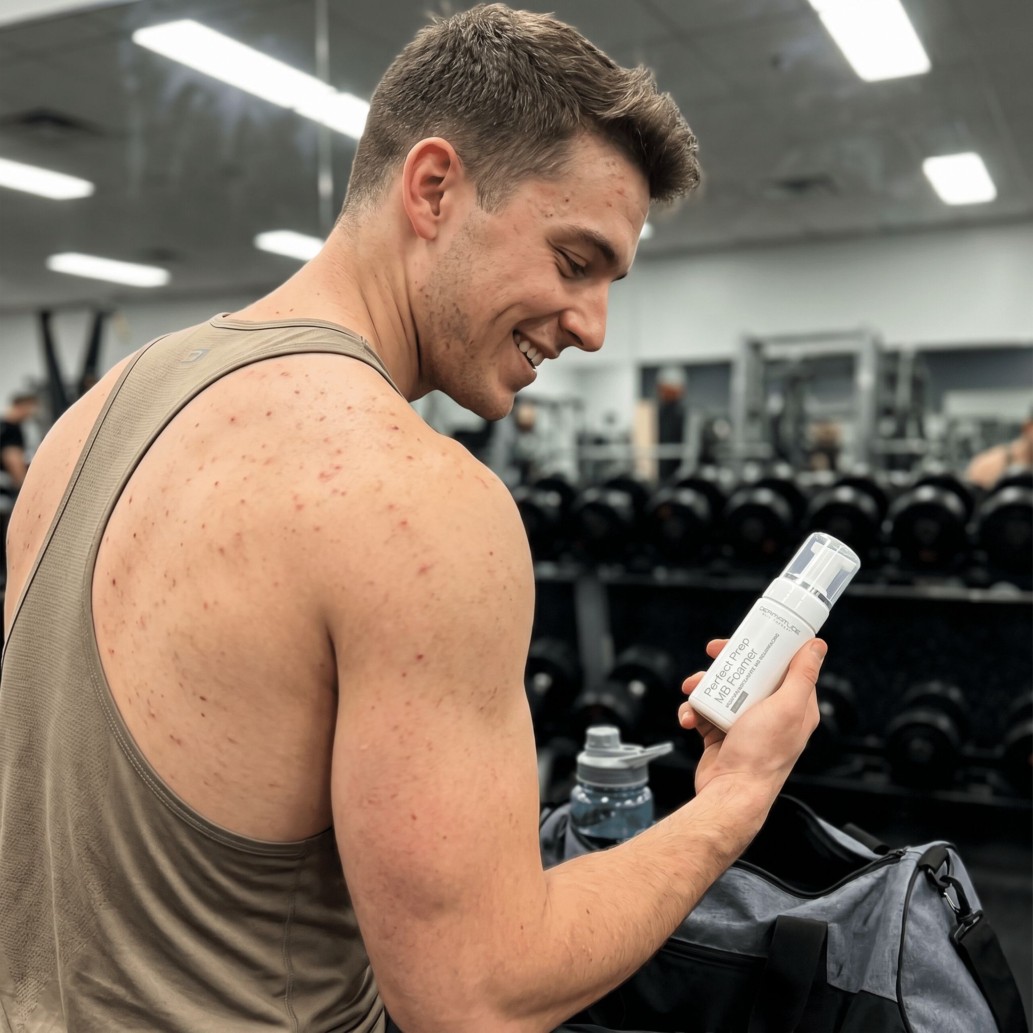 Mann im Fitnessstudio hält eine weiße Schaumspenderflasche mit Hautpflegeprodukt.