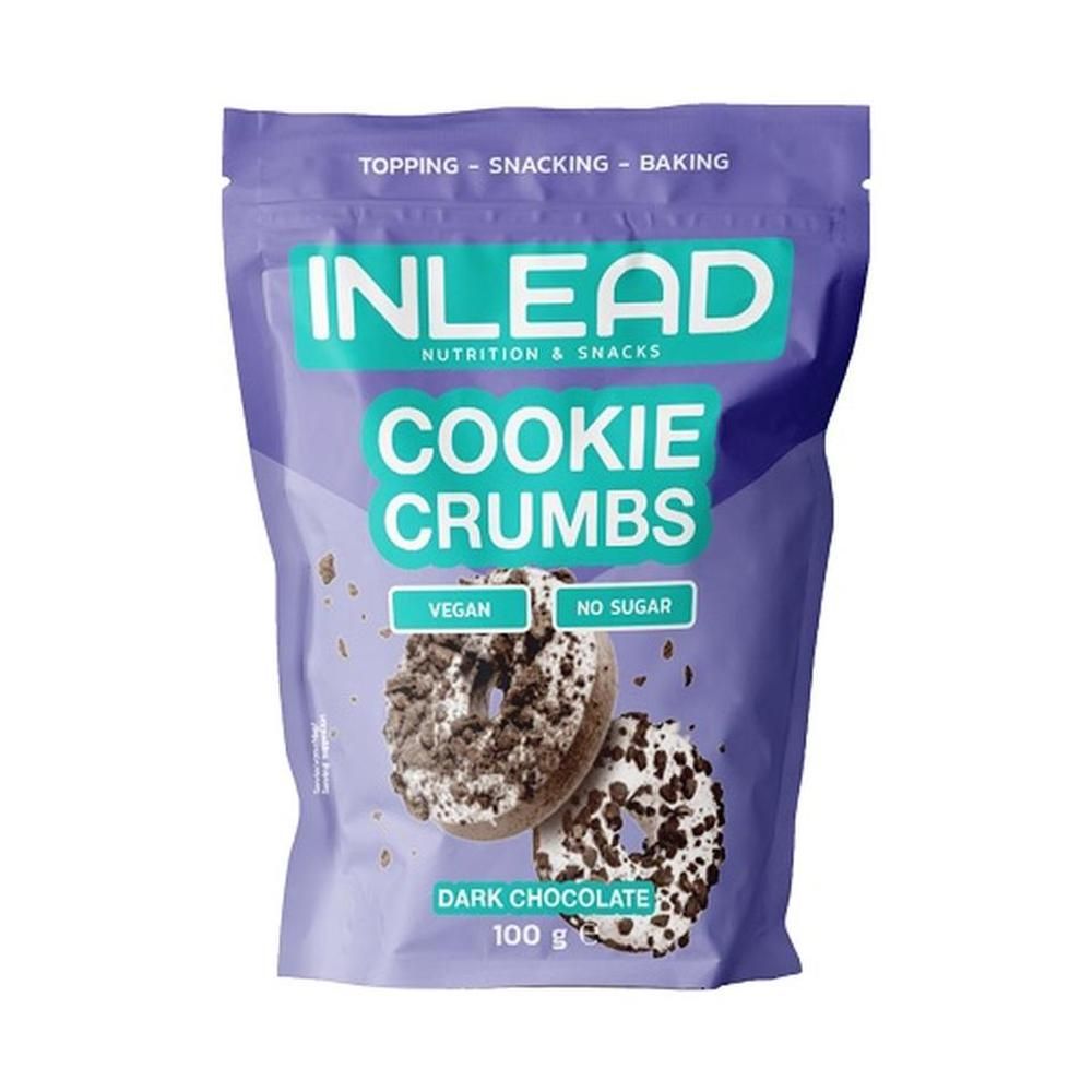 Verpackung mit INLEAD Cookie Crumbs. Lila Beutel mit Produktname und Abbildung von Keksen. Vegan und zuckerfrei.