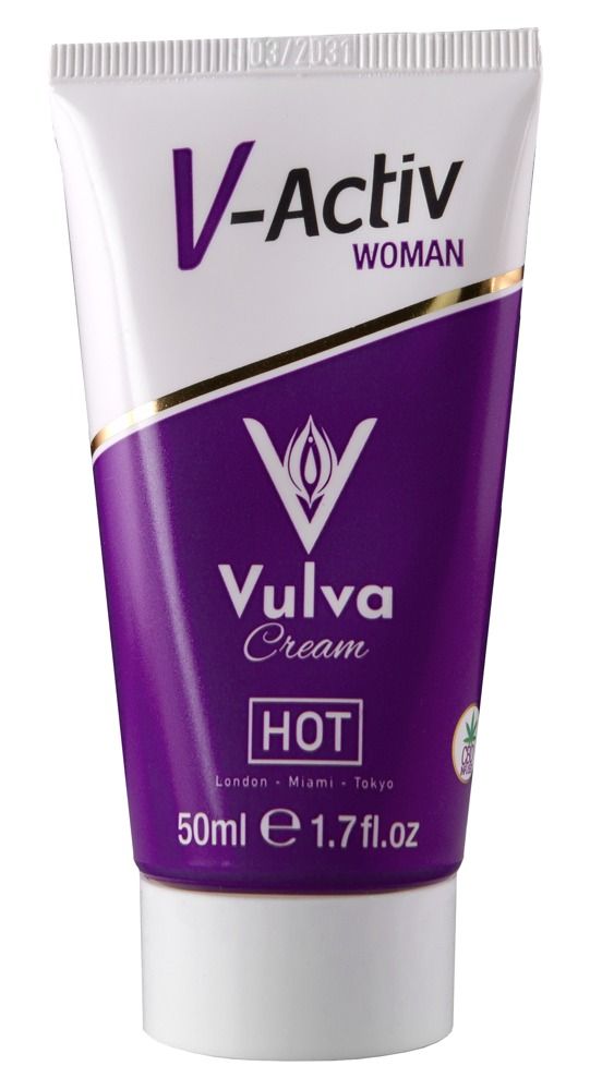 V-Activ Vulva Cream HOT Tube mit CBD-Symbol, Frauensymbol und Aufdruck 'HOT'.