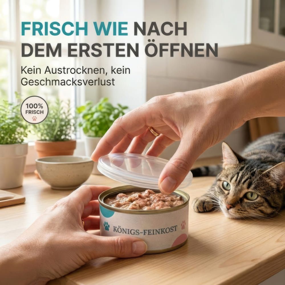 Eine Hand öffnet eine Dose Tierfutter. Auf der Dose steht "Königs-Feinkost". Daneben eine Katze. Auf dem Deckel steht "100% Frisch".