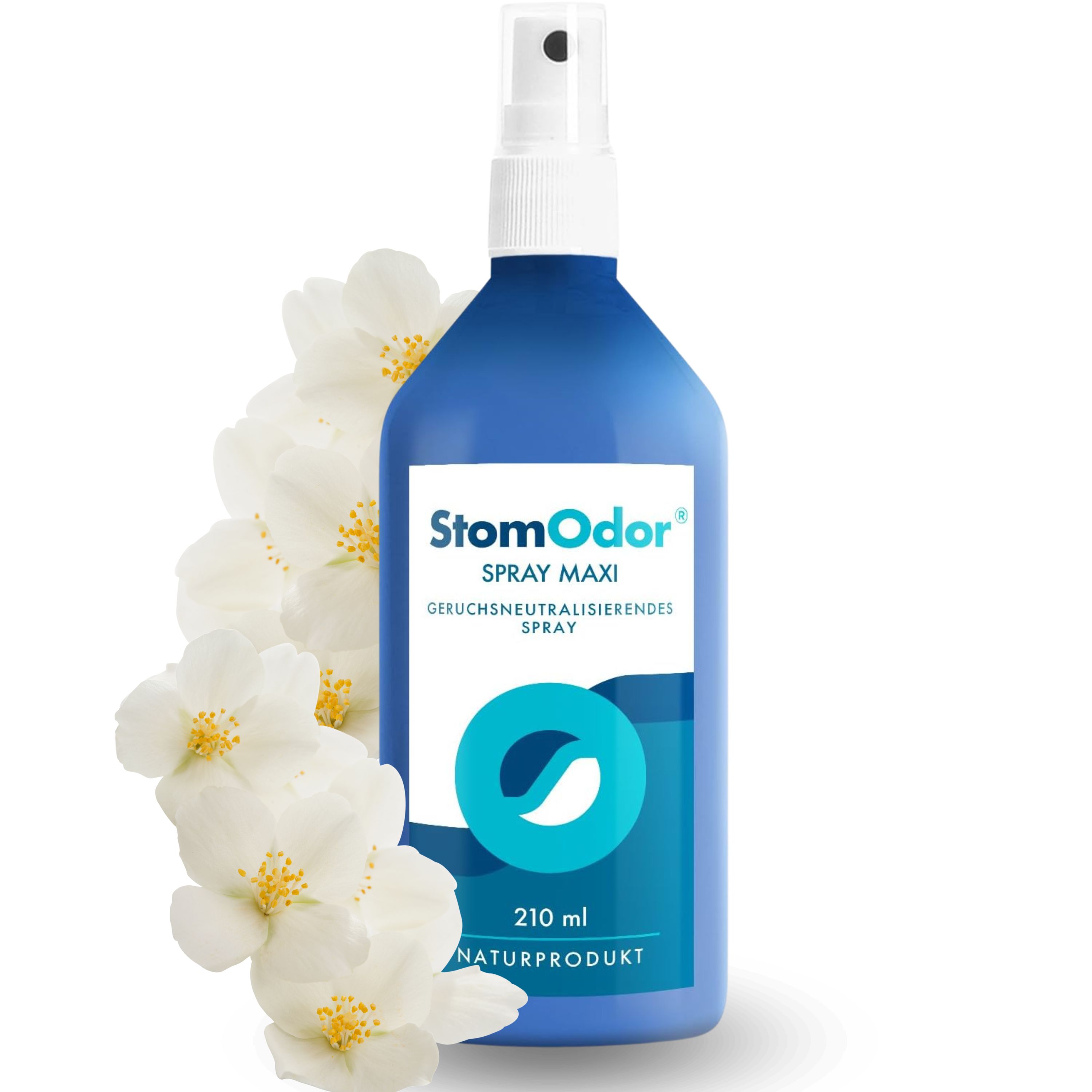 Blaue Flasche mit Sprühkopf. Aufschrift: StomOdor Spray Maxi, 210 ml. Naturprodukt. Weiße Blüten.