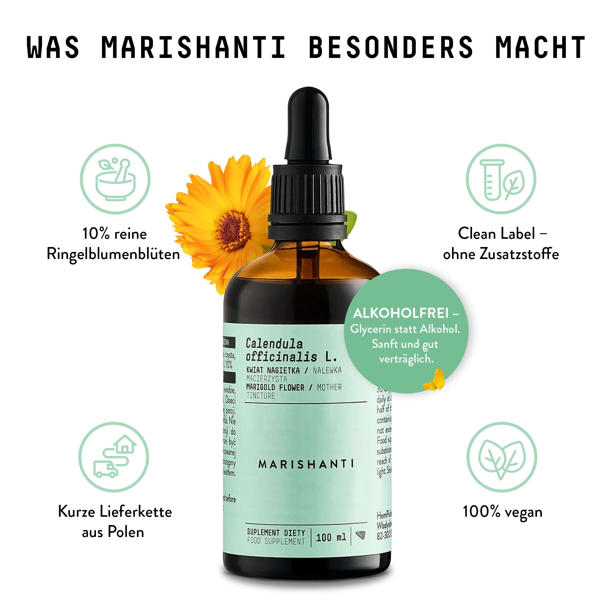 Braune Glasflasche mit Tropfer, daneben Ringelblume. Text: Marishanti, Calendula officinalis L. Alkohol frei. 100% vegan.