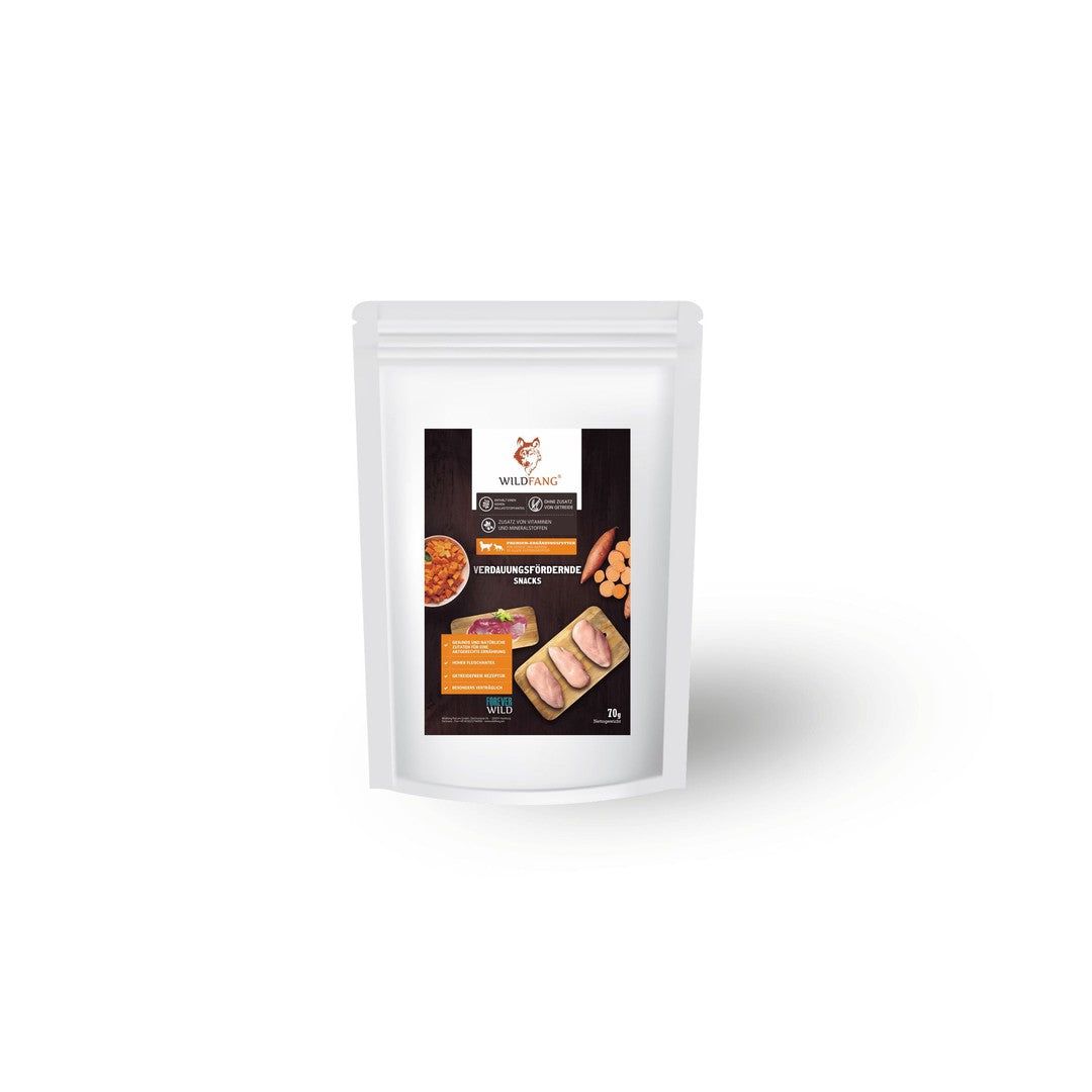 Einzelner Beutel mit Snacks. Enthält Produktabbildung und Text. Marke: WILDFANG.