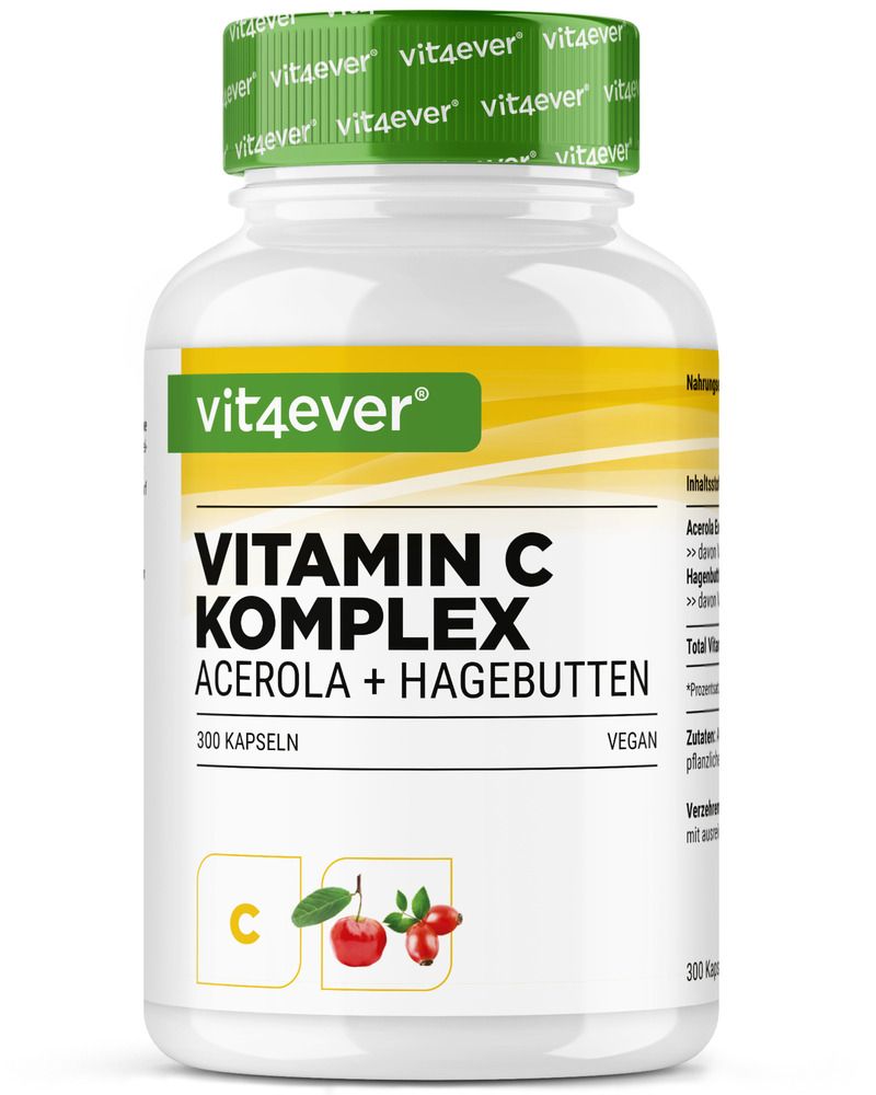 Weiße Flasche mit grünem Deckel. Aufschrift: Vitamin C Komplex, Acerola + Hagebutten. 300 Kapseln. Vegan.