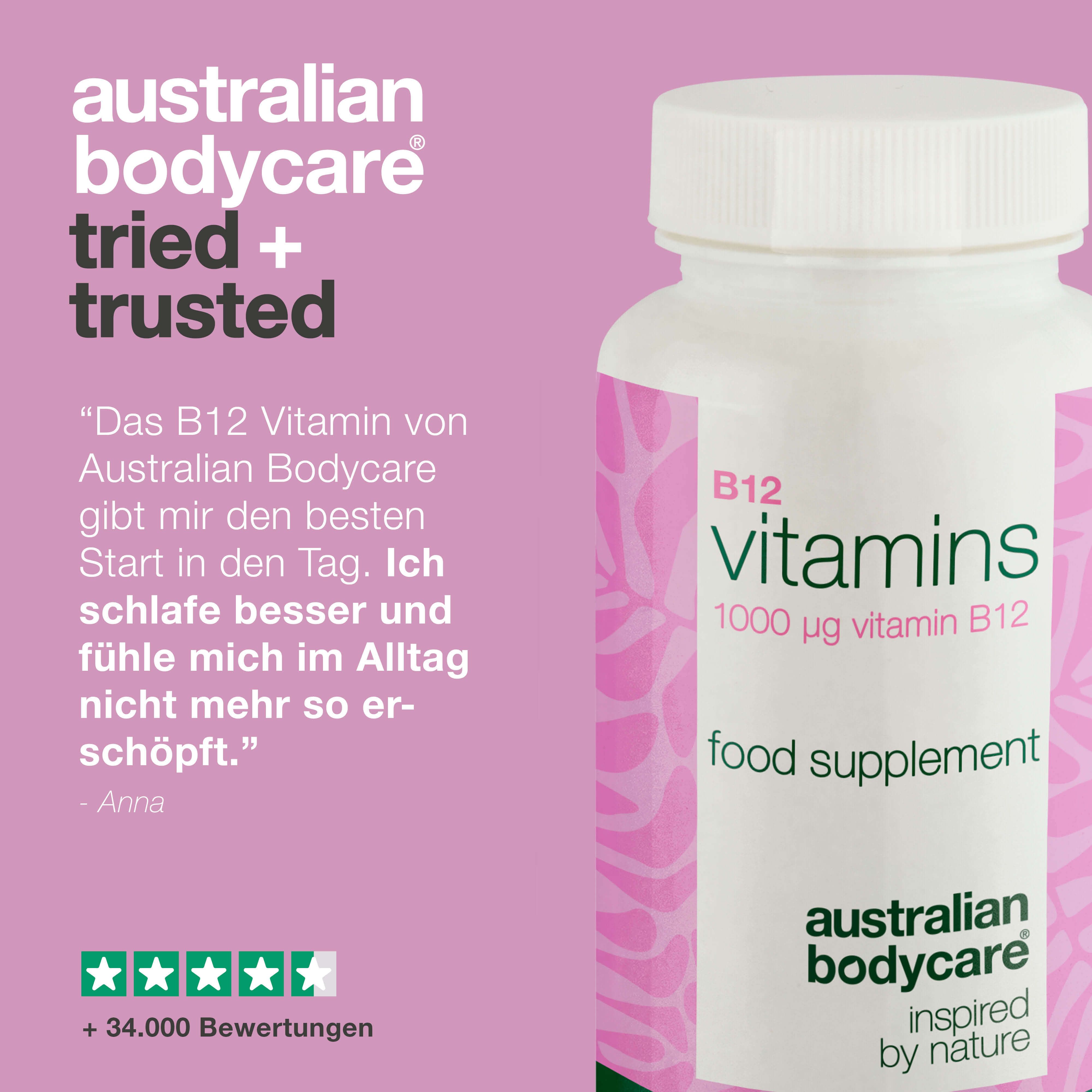 Flasche B12 Vitamins mit rosa Etikett. Aufschrift: 1000 µg B12, 90 Kapseln. Text: Australian Bodycare. Rosa Hintergrund.