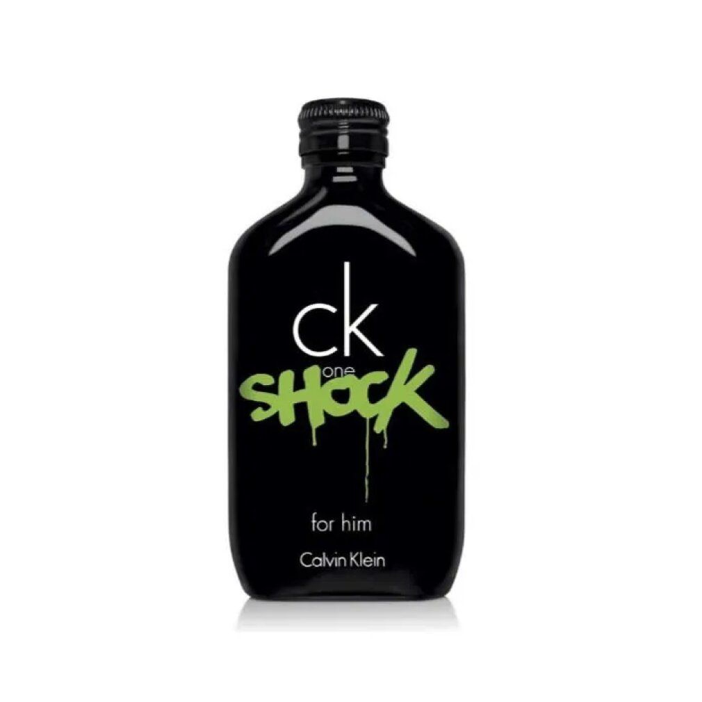 Schwarze Flasche mit grünem "Shock"-Schriftzug. "ck one" und "for him" sind ebenfalls abgebildet. Schwarzer Deckel.