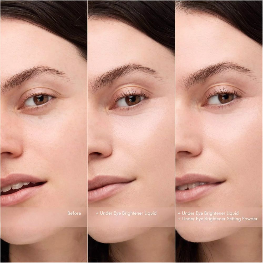 Drei Gesichter. Vorher, mit Under Eye Brightener Liquid, mit Brightener und Setting Powder. Keine Beschriftung sichtbar.