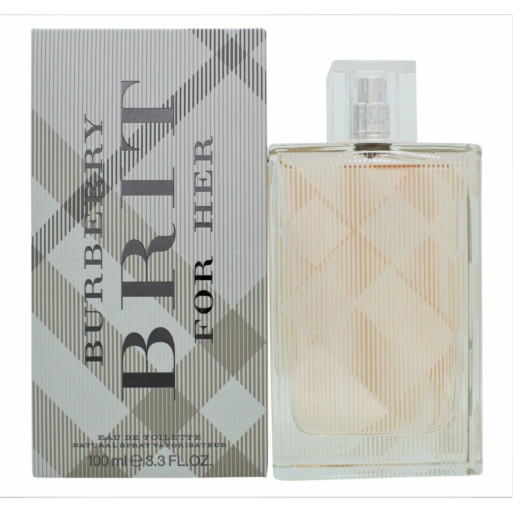 Parfümflakon und Schachtel. Aufschrift: Burberry Brit for Her. Grau-weißes Karomuster. Transparenter Sprühkopf.