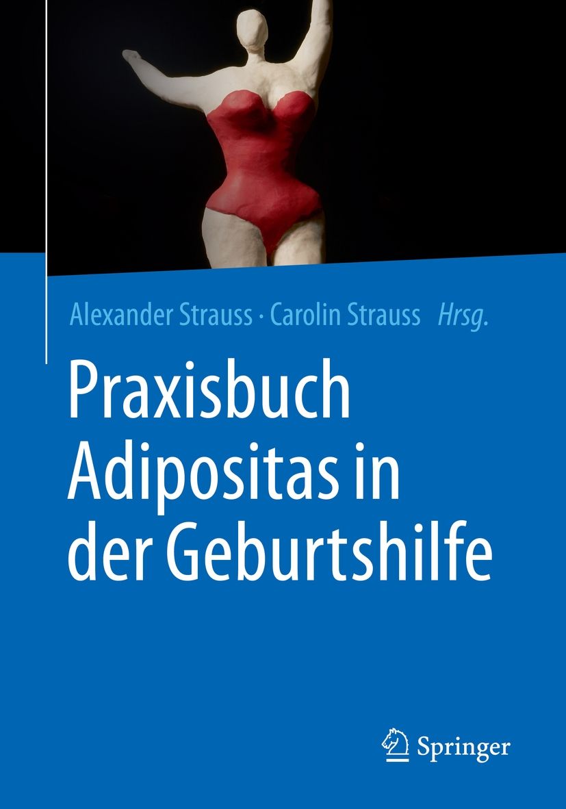 Buchcover: Titel 'Praxisbuch Adipositas in der Geburtshilfe'. Autoren: Alexander & Carolin Strauss. Verlag Springer. Skulptur einer Frau.
