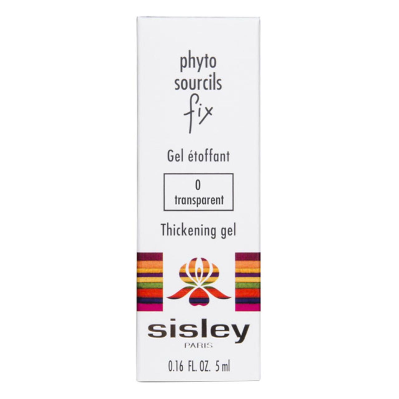 Sisley Phyto-Sourcils Fix Gel. Weiße Verpackung mit Produktnamen und Inhaltsangabe. Transparentes Gel. 0.16 FL. OZ. 5 ml.