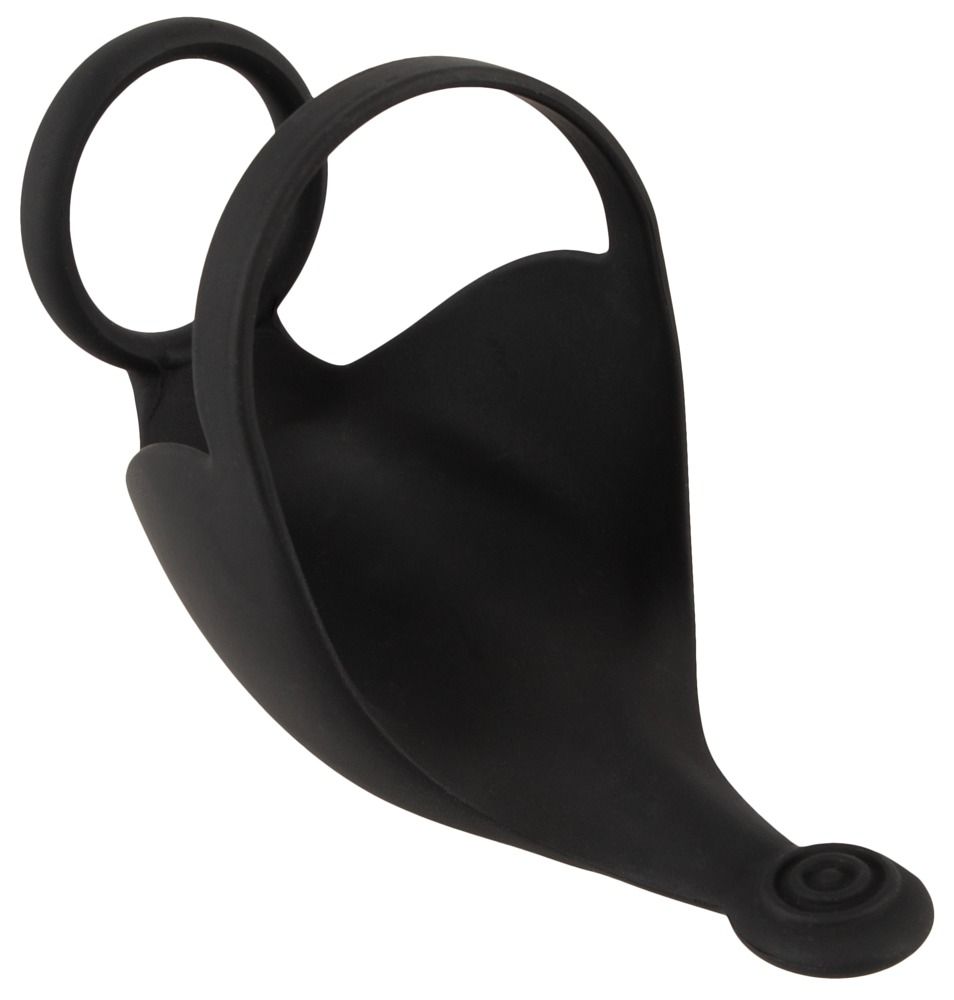 Schwarzer Penis- und Hodenring. Das Produkt hat eine runde Form und eine geschwungene Form. Es ist aus einem weichen Material gefertigt.