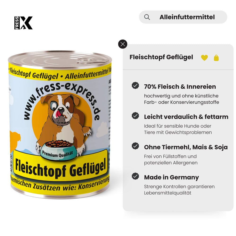 Hundefutterdose. Zylindrische Dose mit gelbem Deckel. Aufdruck: fress-express, Fleischtopf Geflügel. Infotafel: 70% Fleisch, leicht verdaulich, ohne Tiermahl.
