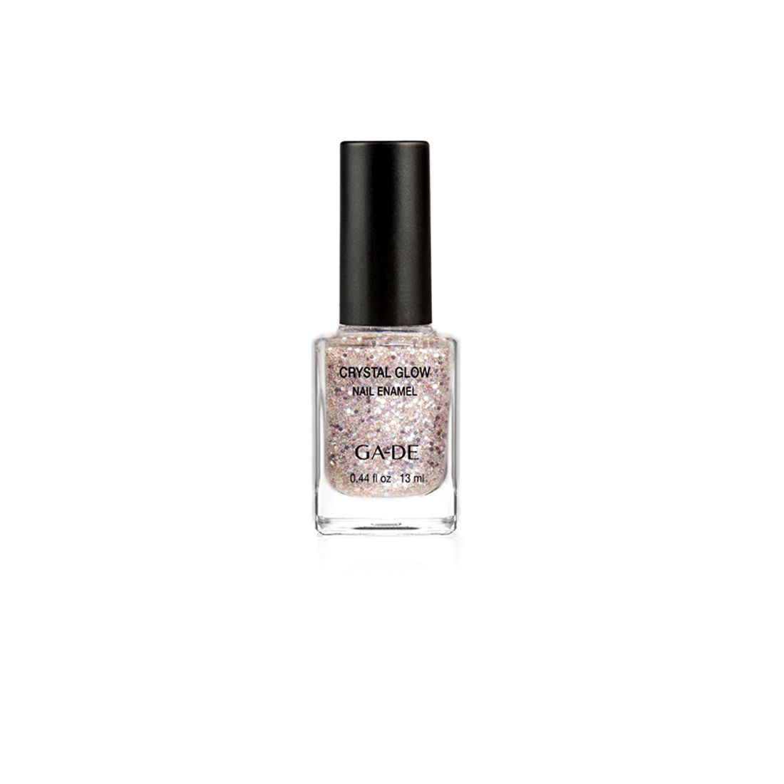 Nagellackflasche mit schwarzem Deckel. Aufschrift: Crystal Glow Nail Enamel, Ga-De. Inhalt sichtbar mit Glitzerpartikeln.