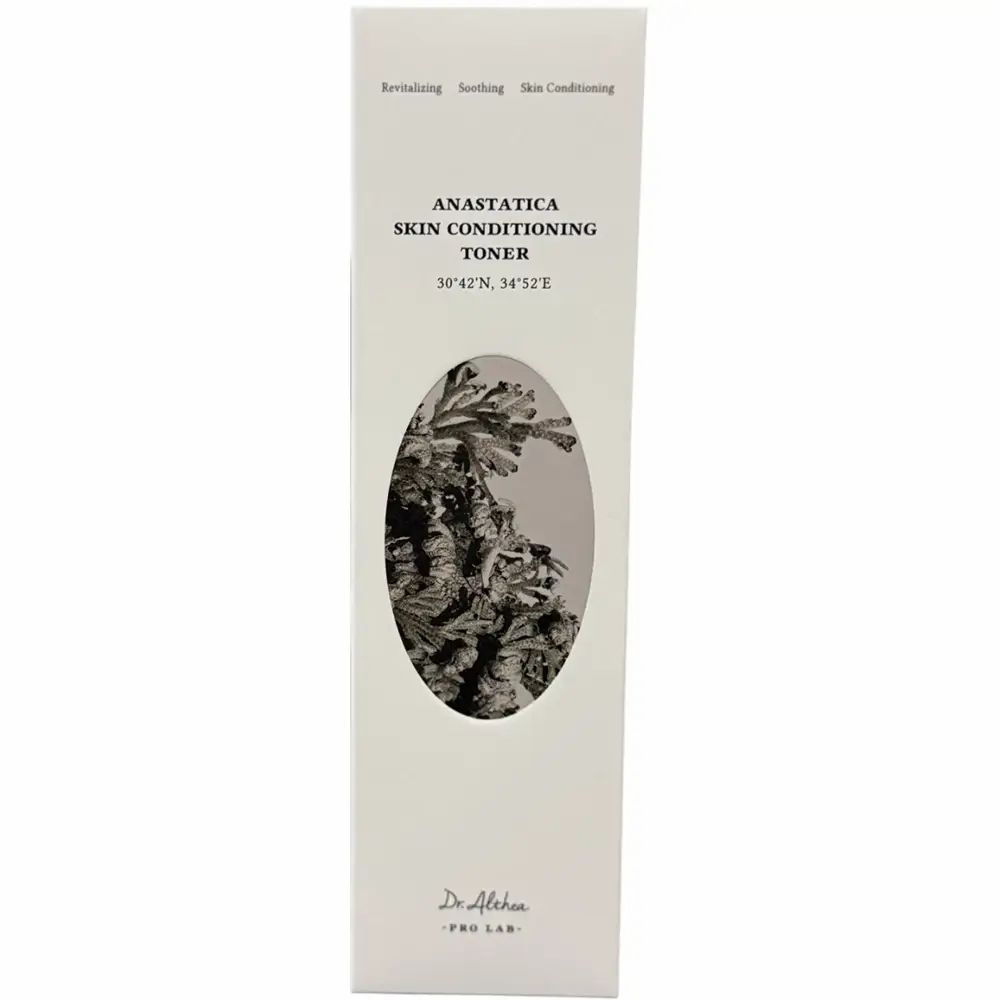 Anastatica Skin Conditioning Toner Verpackung mit Pflanzenabbildung und Koordinaten.