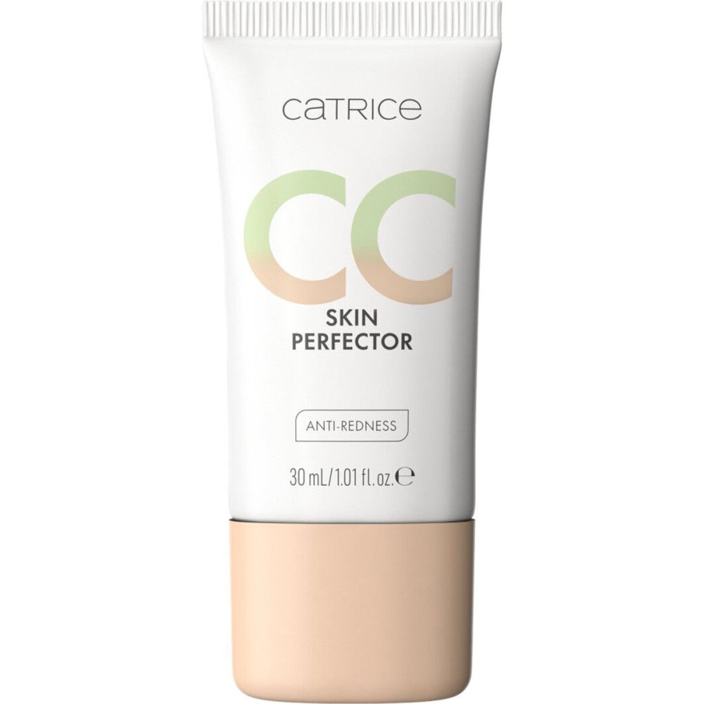 Catrice CC Skin Perfector Tube. Weißes Tube mit grünen und pfirsichfarbenen Buchstaben. Text: Anti-Rötung, 30 ml/1.01 fl.oz.e. Mit pfirsichfarbenem Boden.