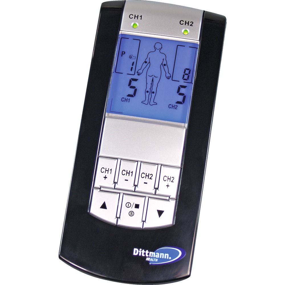 Schwarzes Dittmann Health TENS-Gerät mit Display und Bedienelementen. Zeigt Einstellungen und eine schematische Darstellung des Körpers.