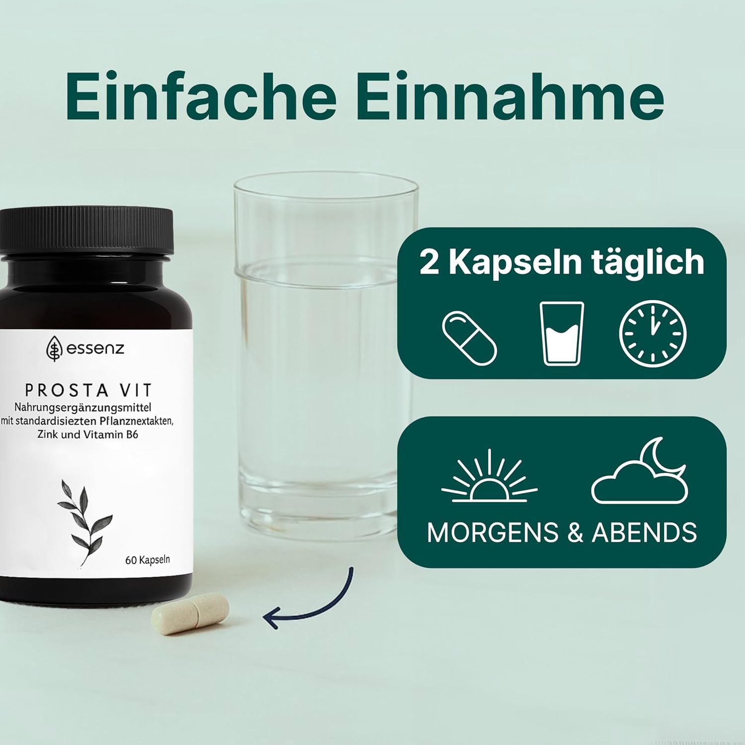 Flasche mit Kapseln, Glas Wasser, Symbole für Kapsel, Wasser und Uhr. Text: Einfache Einnahme. 2 Kapseln täglich, morgens & abends.