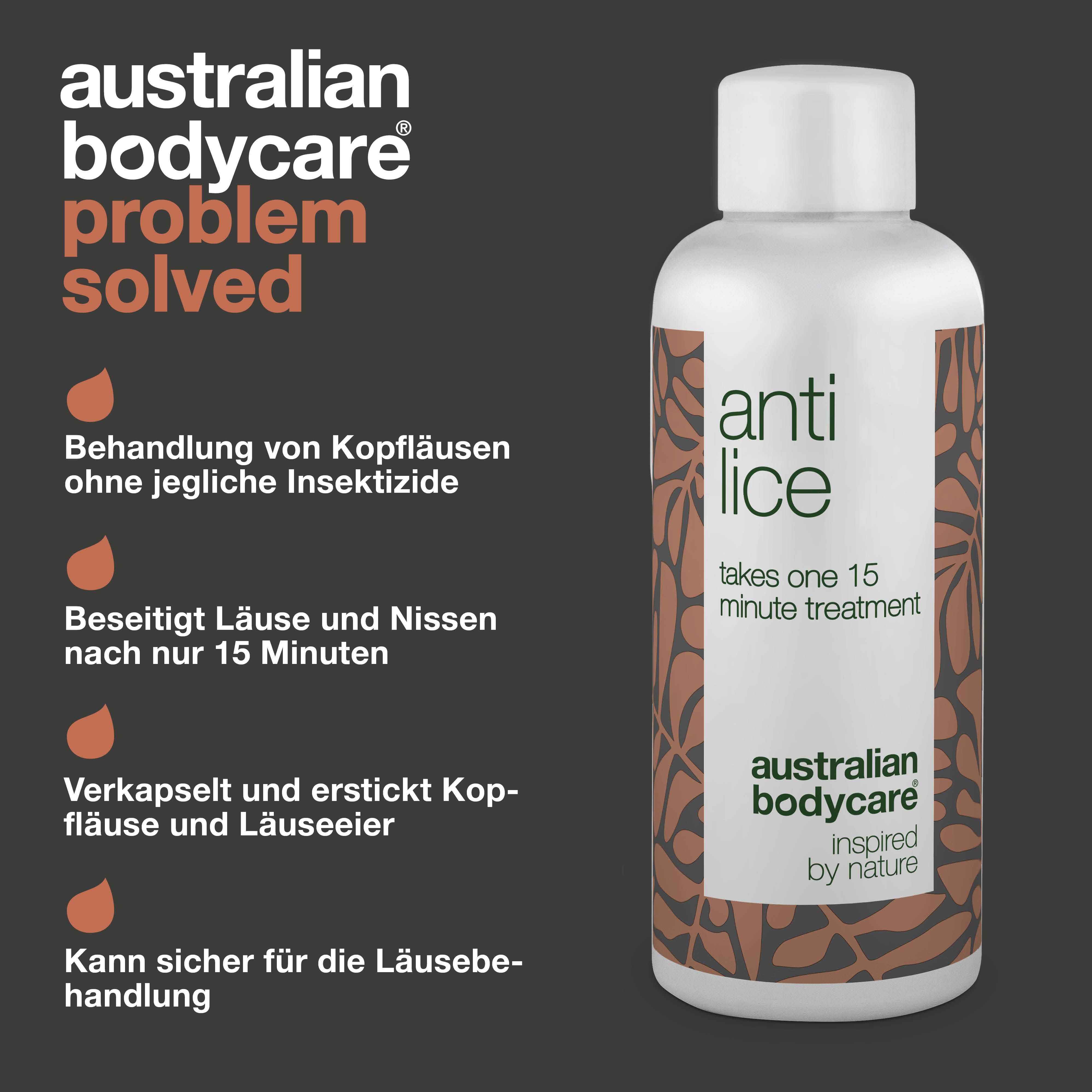 Flasche "anti lice" mit Text. Marke: Australian Bodycare. Text über Vorteile.