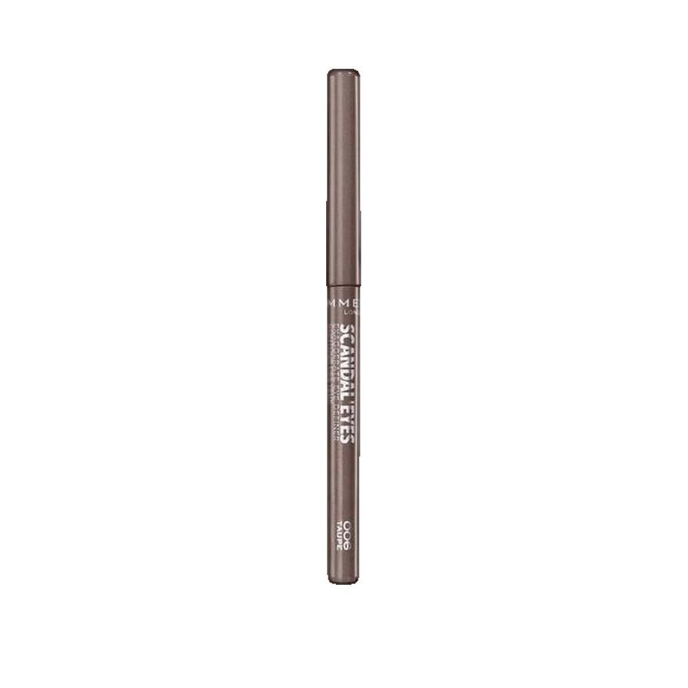 Automatischer Eyeliner, taupefarben. Zylindrische Form, dunkelbraun. Aufschrift: Scandaleyes, Taupe. Schwarzer Stift.