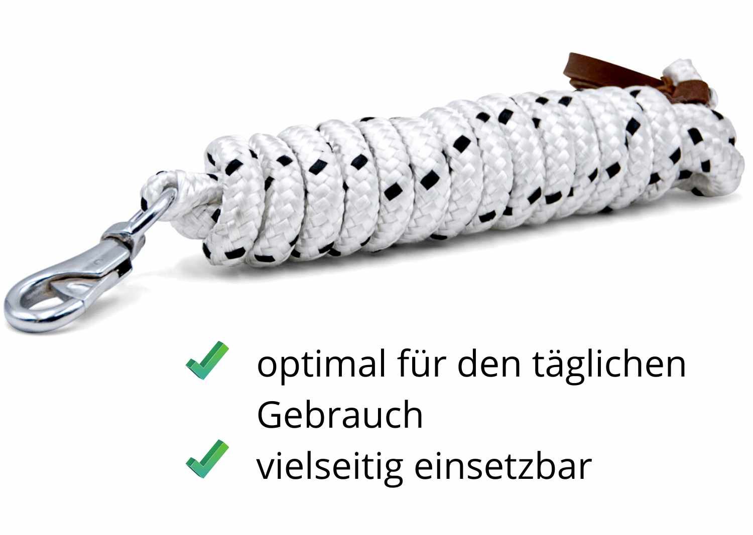 Weißes Bodenarbeitsseil mit schwarzen Punkten, Karabinerhaken. Text: optimal für den täglichen Gebrauch, vielseitig einsetzbar.