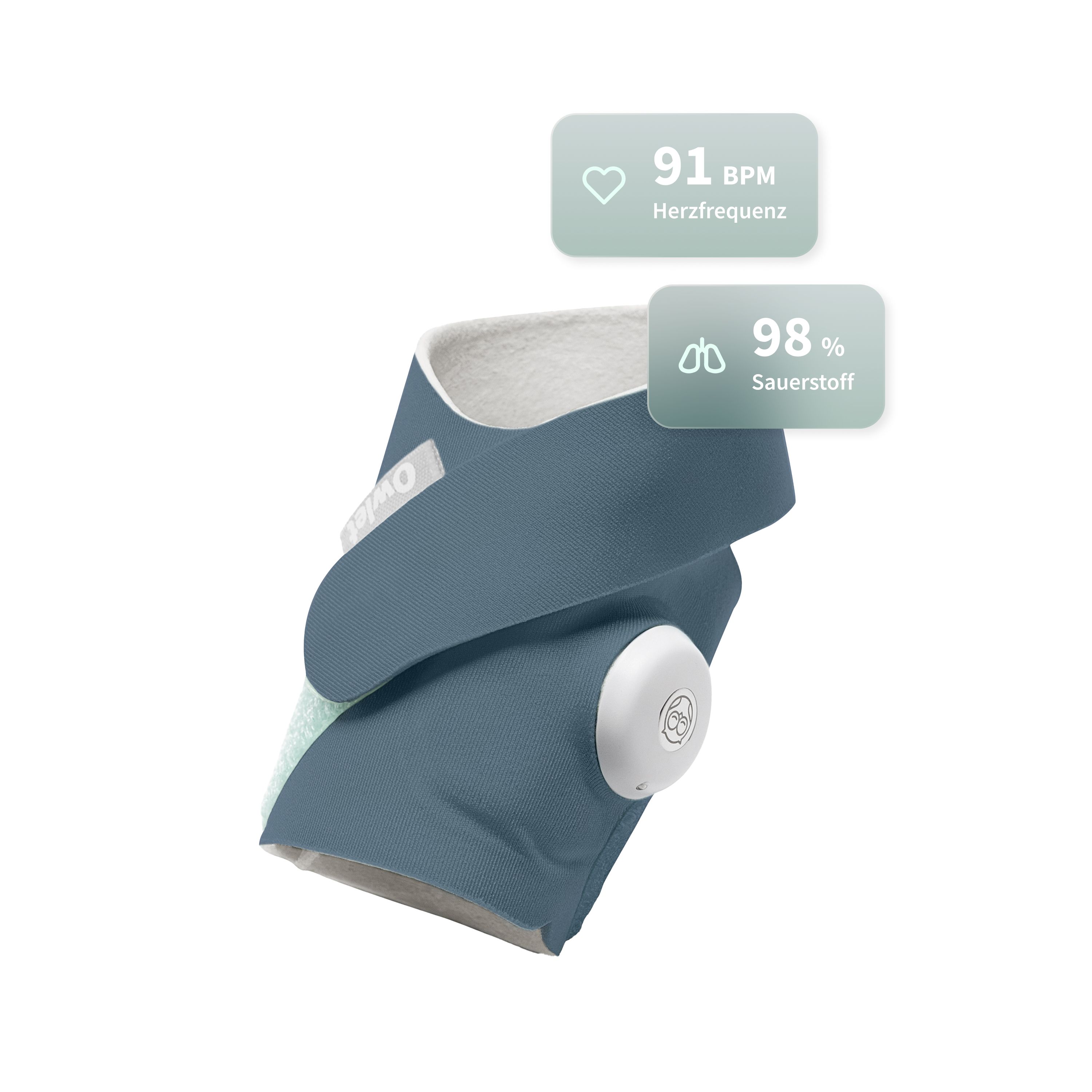Owlet Dream Sock® mit Sensor, zeigt Herzfrequenz und Sauerstoffgehalt an.