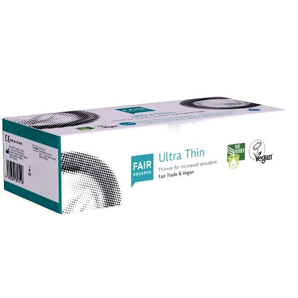 Kartonverpackung mit Markenlogo und Produktbezeichnung 'Ultra Thin'. Vegan- und Fair-Trade-Siegel.