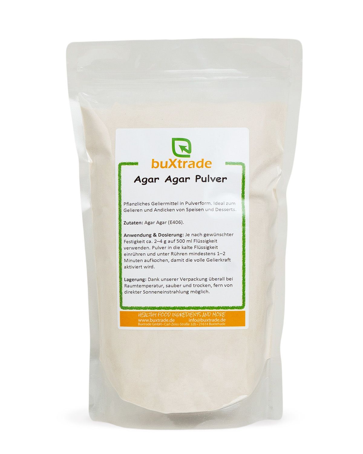 Buxtrade Agar Agar Pulver in einem Standbodenbeutel mit Etikett.