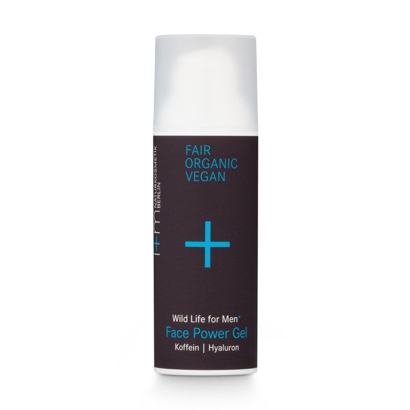 Zylinderförmige Flasche mit weißem Deckel. Schwarzes Etikett mit blauem Pluszeichen und Text: Face Power Gel, Koffein, Hyaluron.