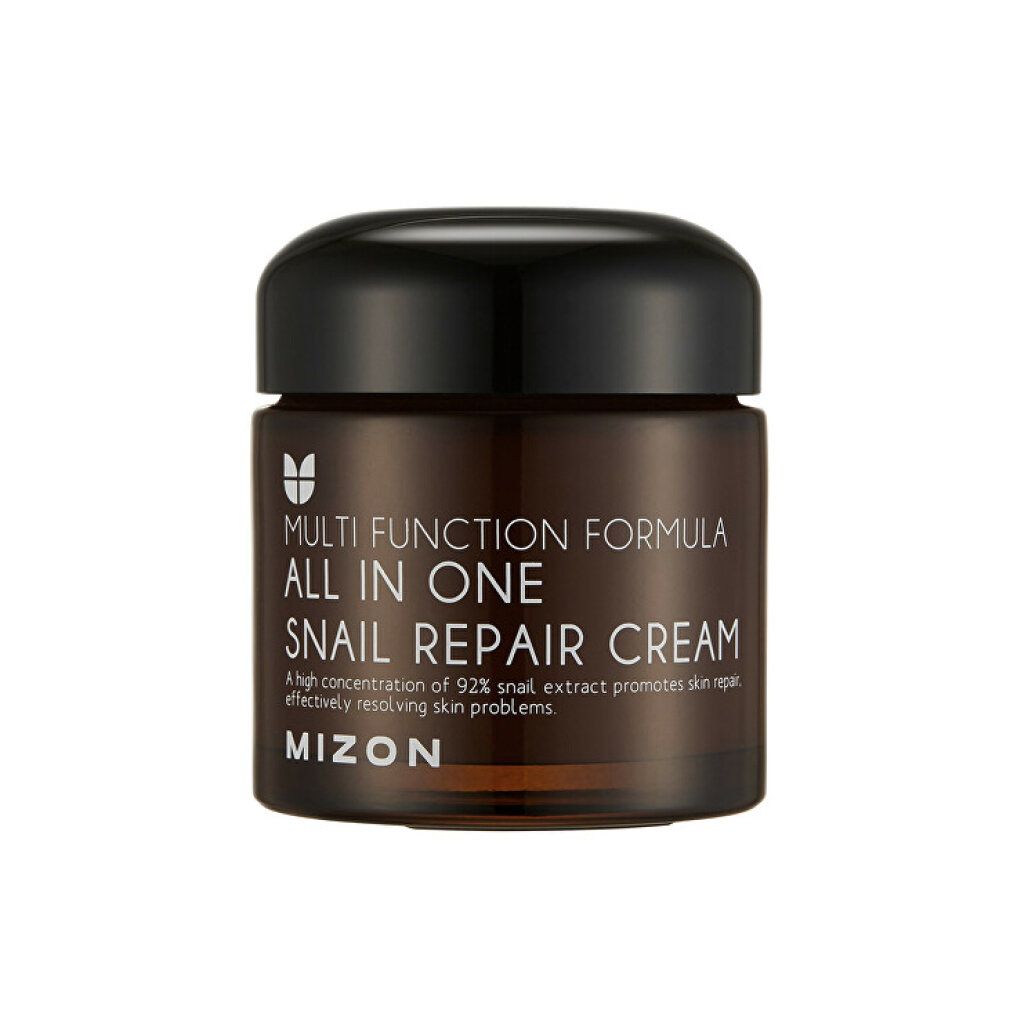 Braune Creme-Dose mit schwarzem Deckel. Aufschrift: Multi Function Formula All In One Snail Repair Cream. Marke: MIZON.