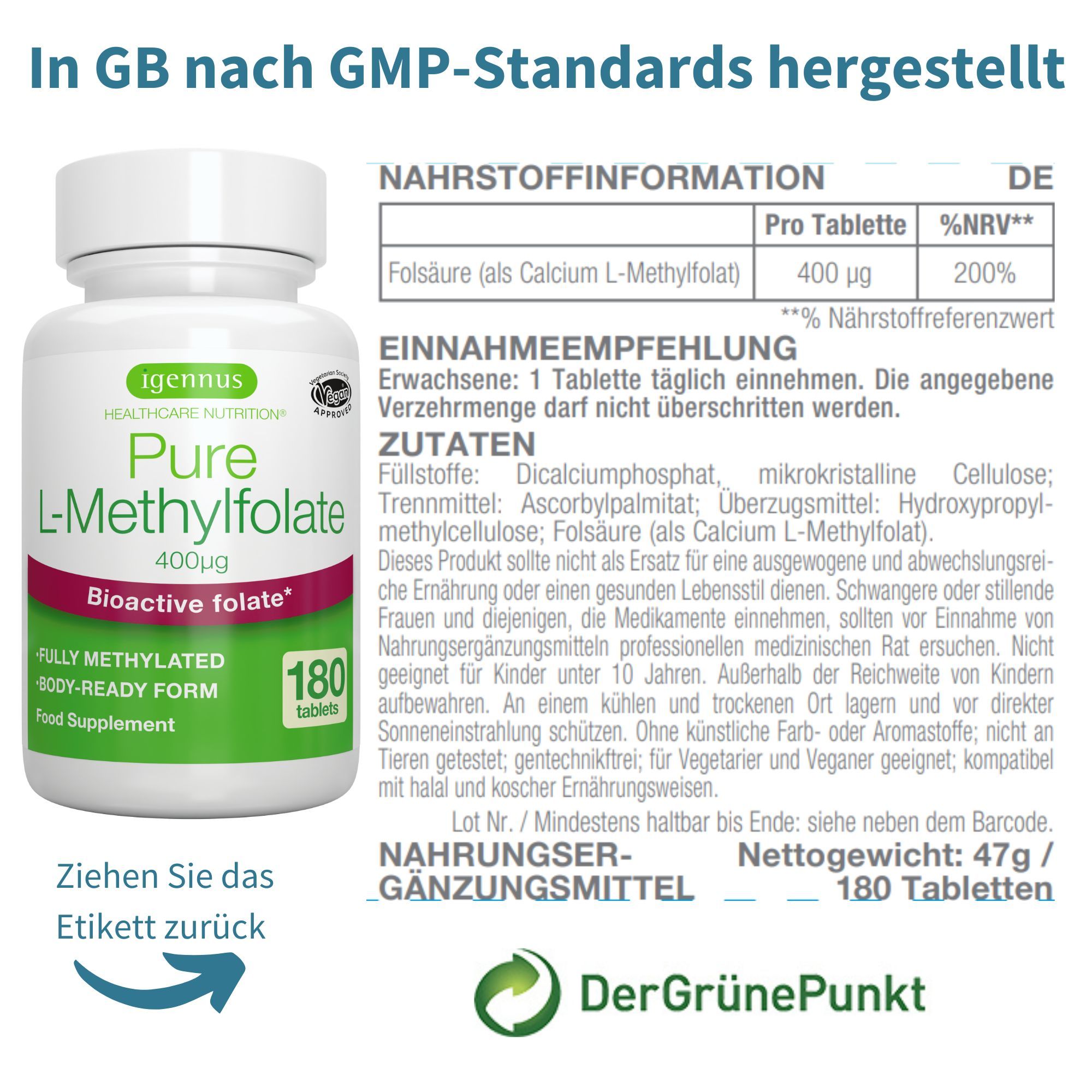 Igennus L-Methylfolat 400mcg pro Tablette. GMP-Produkt.