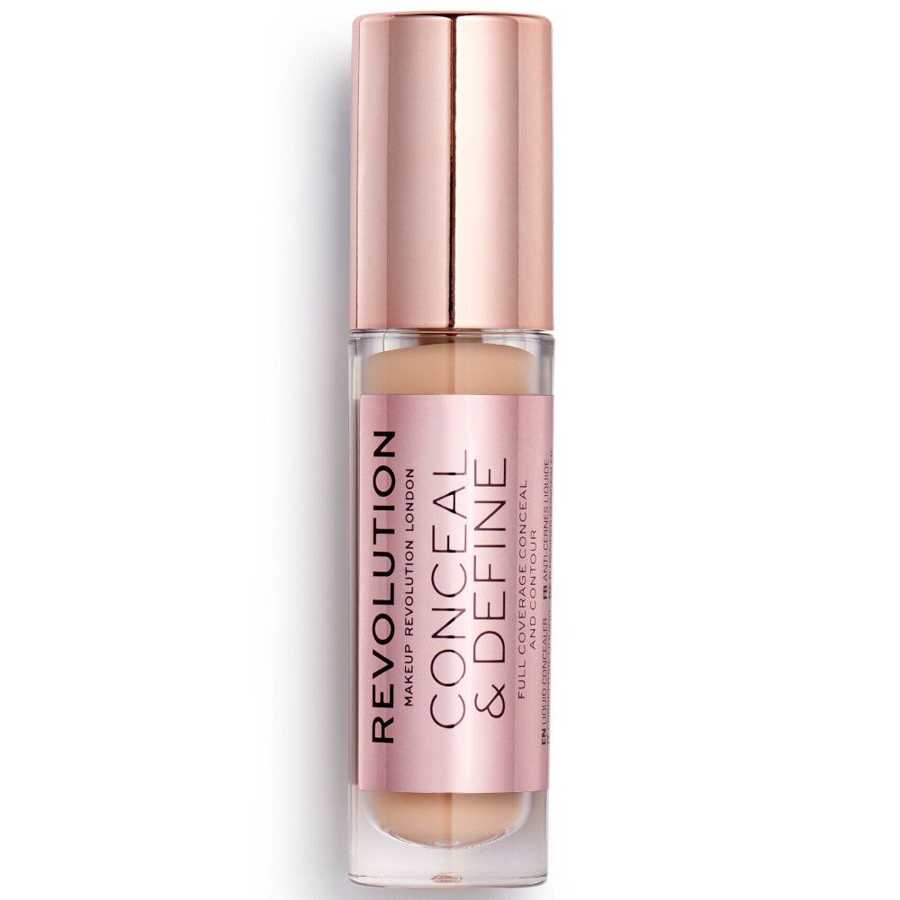 Concealer-Fläschchen mit rosa-goldener Kappe. Produktname und Marke sichtbar. Auf weißem Hintergrund.