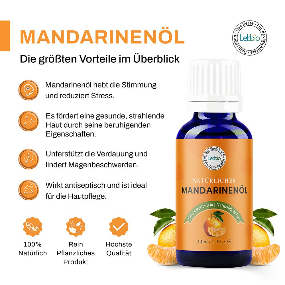 Blaue Flasche mit weißem Deckel und Etikett. Text: MANDARINENÖL. Vorteile: Stimmung, Stress, Haut, Verdauung, antiseptisch. Orangen-Dekoration.