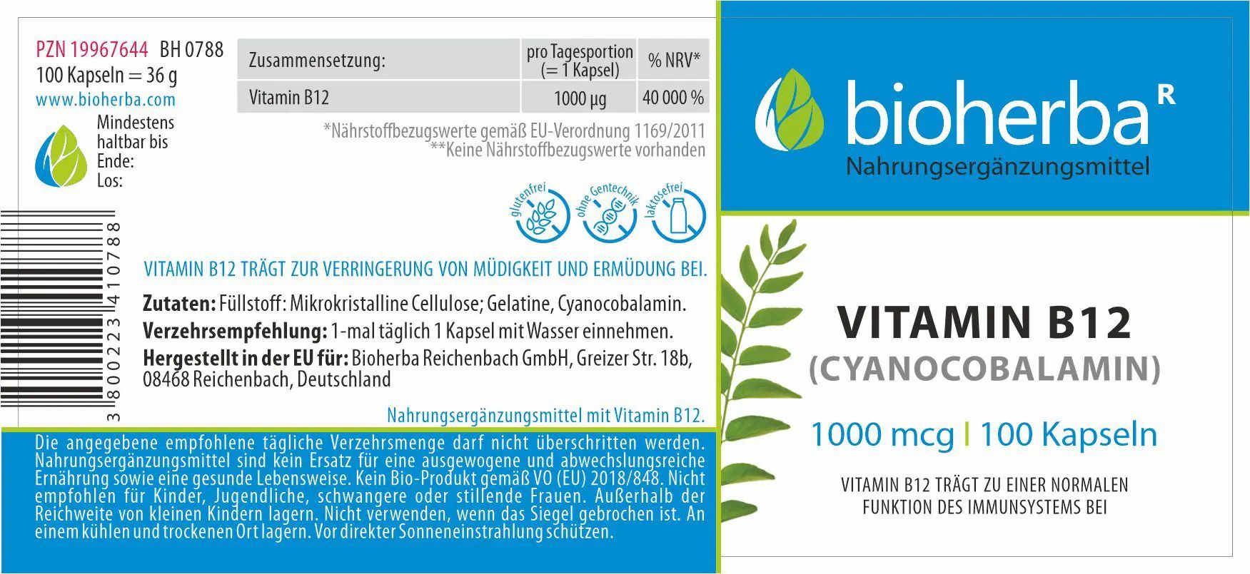 Etikett mit Produktinformationen. Enthält Text zu Vitamin B12, Dosierung und Hersteller. Bioherba-Logo.