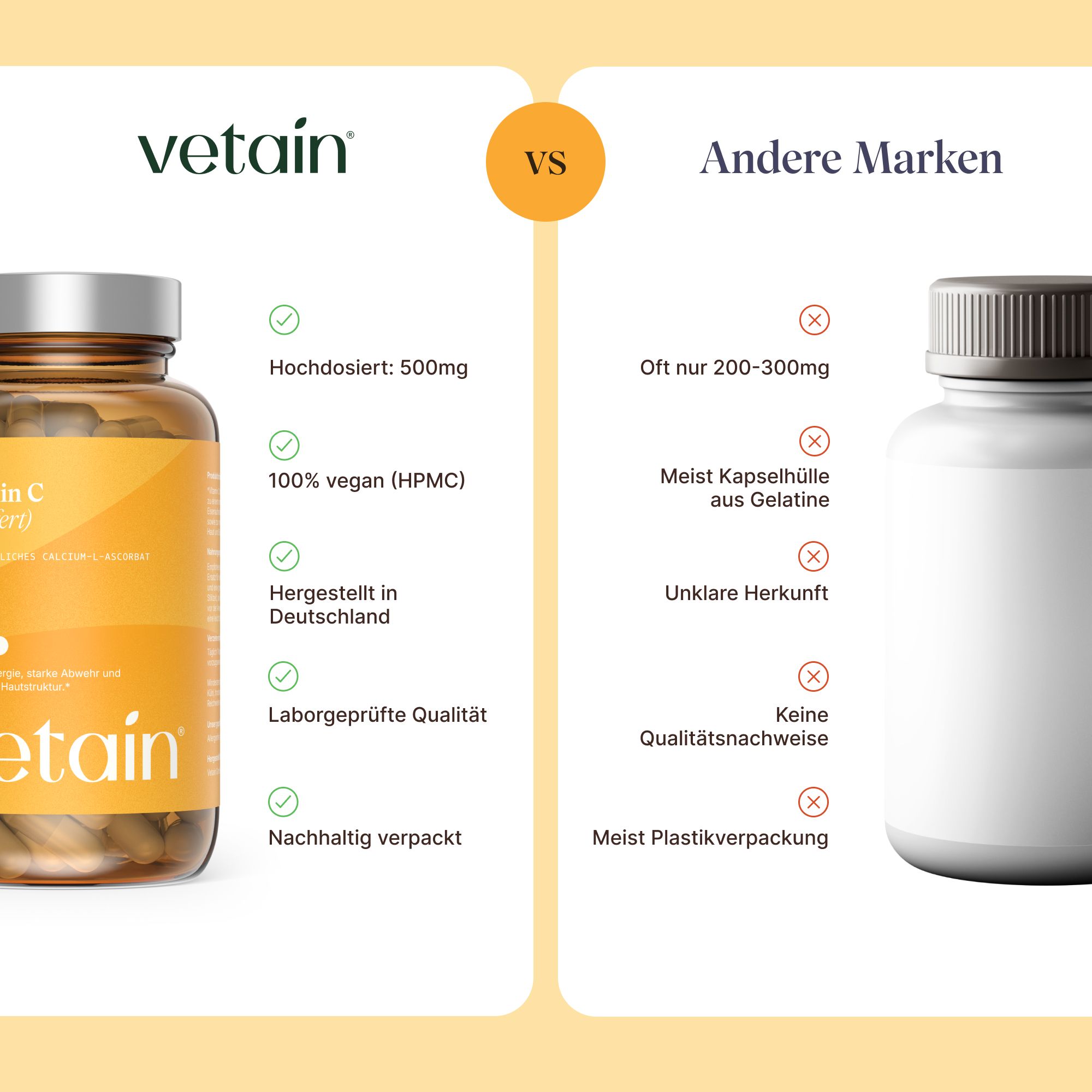 Vergleich von Vetain Vitamin C Kapseln (500mg, vegan) mit anderen Marken (200-300mg, Gelatine).