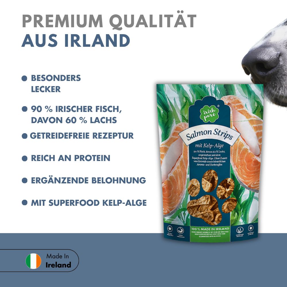 Hundefutter-Leckerli "Salmon Strips mit Kelp-Alge" von Irish Pure, 90% Fisch, getreidefrei.
