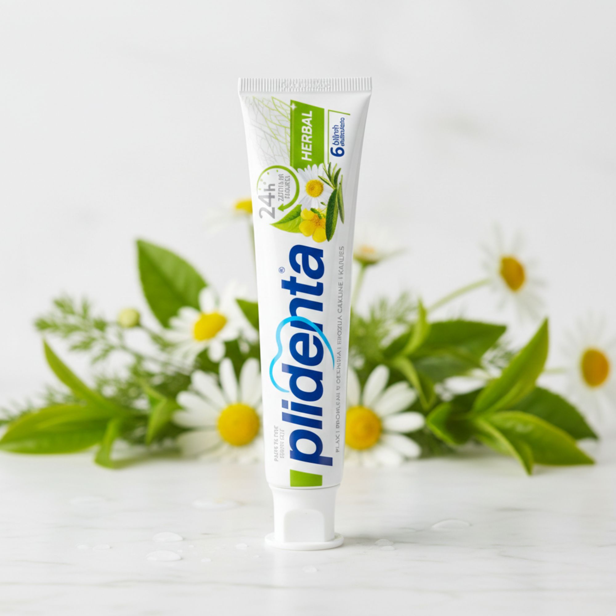 Plidenta Herbal Zahnpasta-Tube. Weiß, grün. Aufschrift: Herbal, 6 Kräuter, 24h Schutz. Produktname: Plidenta. Mit Kamille und Blättern dekoriert.
