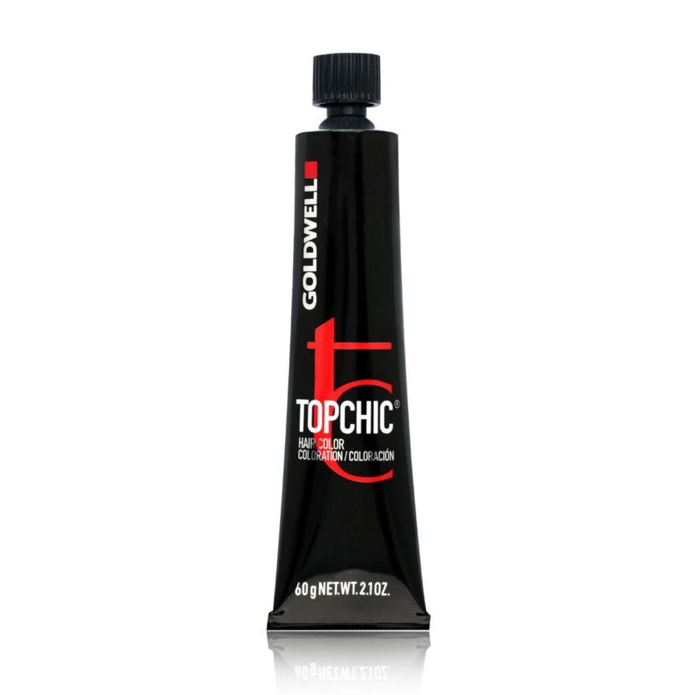 Goldwell Topchic Haarfarbe. Schwarze Tube mit Produktnamen und Gewicht. 60g NET WT. 2.1OZ.