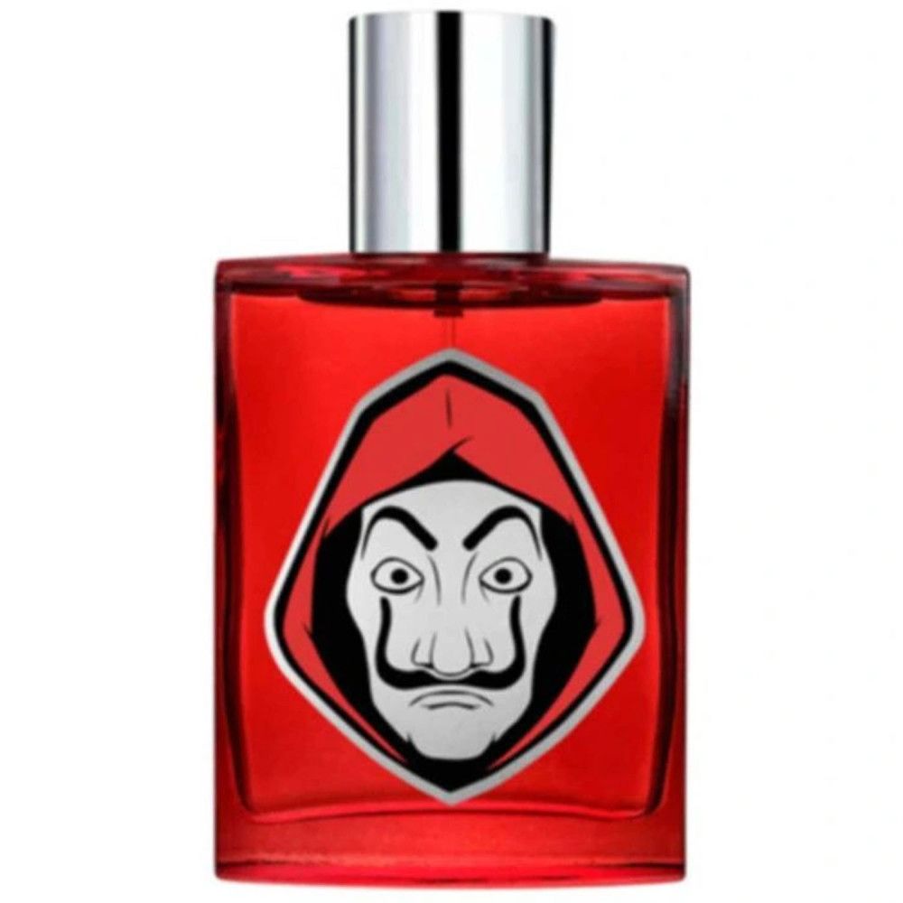 Rote Eau de Toilette-Flasche mit Maskenmotiv und silbernem Verschluss. Rechteckige Form.