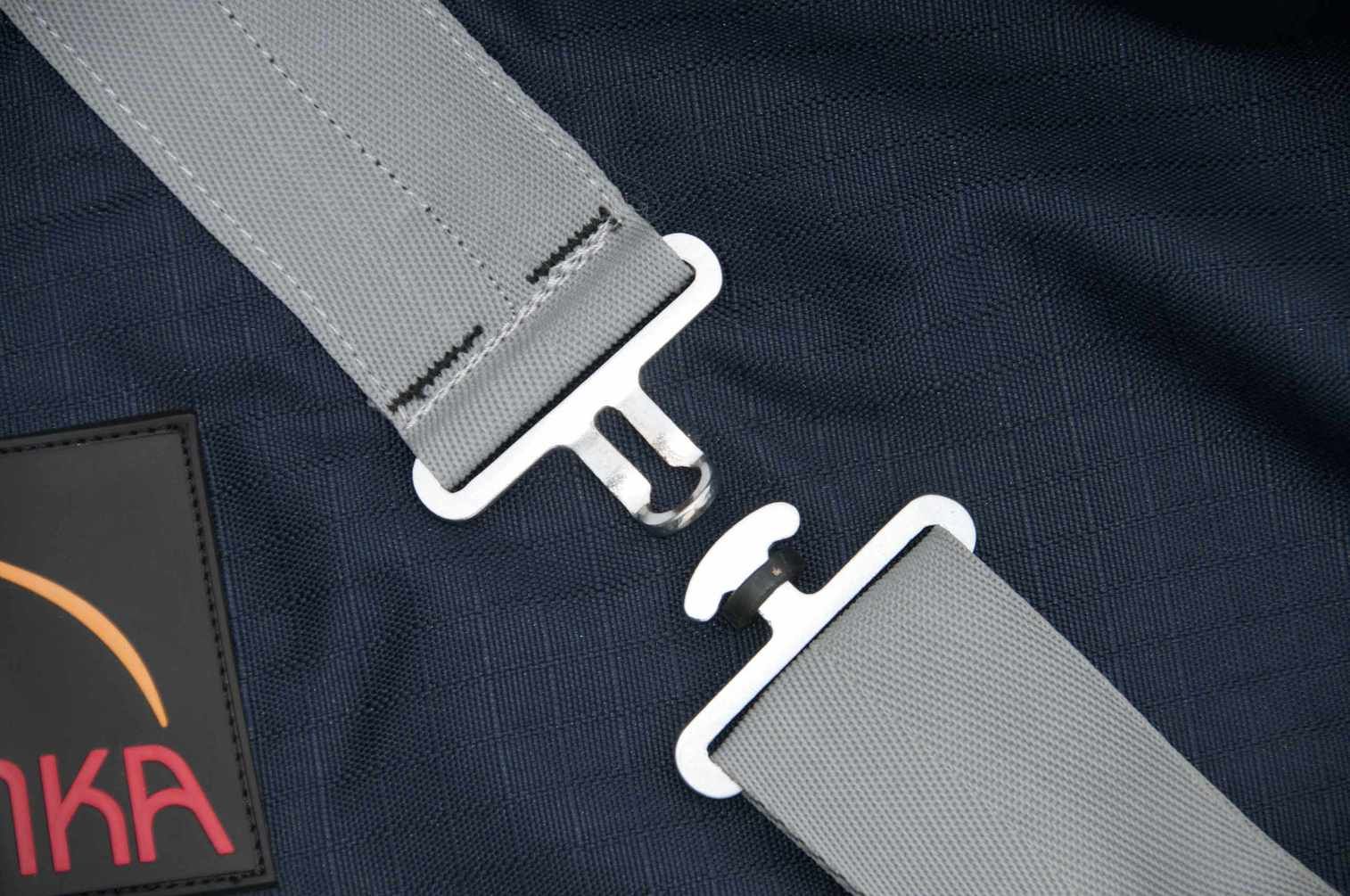 Nahaufnahme einer Schnalle und eines Gurtes. Die Schnalle ist aus Metall und verbindet zwei graue Gurte.