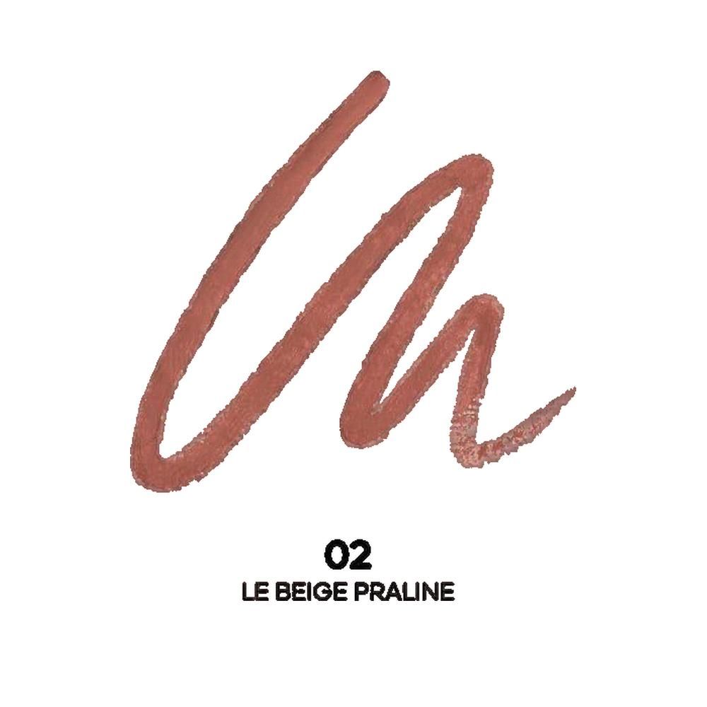 Lippenstiftstrich, Farbe 02 Le Beige Praline. Hellbraune Linie auf weißem Hintergrund.