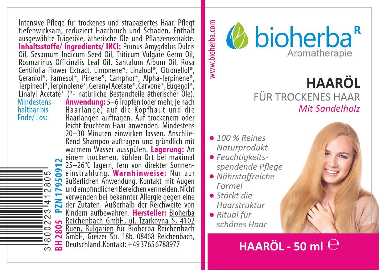 Etikett mit Produktname, Logo und Abbildung einer Frau mit langen Haaren. Text: Haaröl für trockenes Haar. Inhaltsstoffe und Anwendungshinweise.