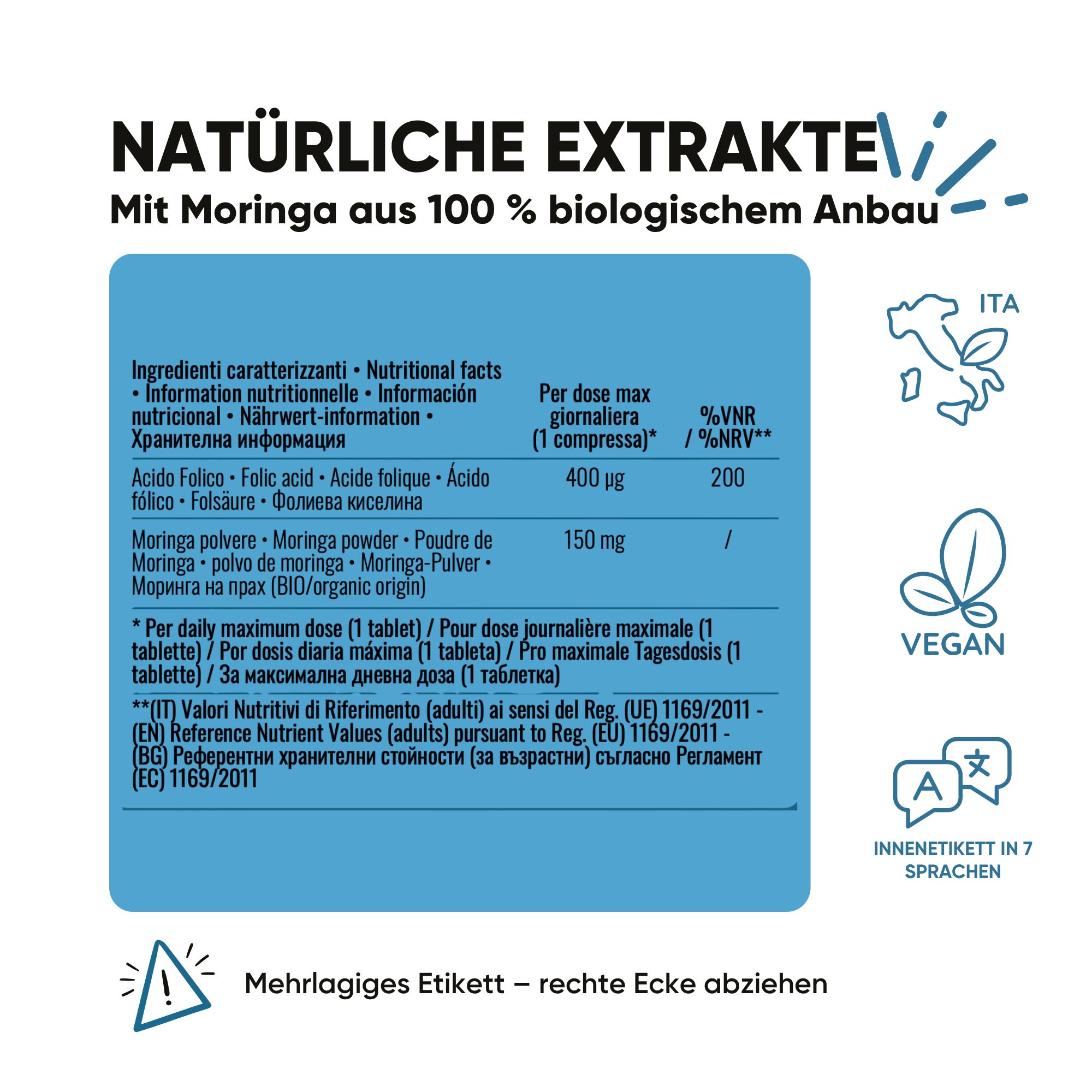Etikett mit Nährwertangaben für Folsäure und Moringa. Vegan-Siegel.