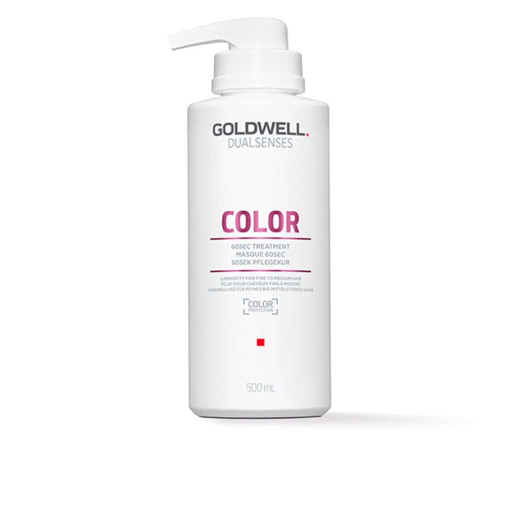 Weiße Flasche mit Pumpe. Aufschrift: GOLDWELL DUALSENSES COLOR. Text und rotes Quadrat. 500ml.