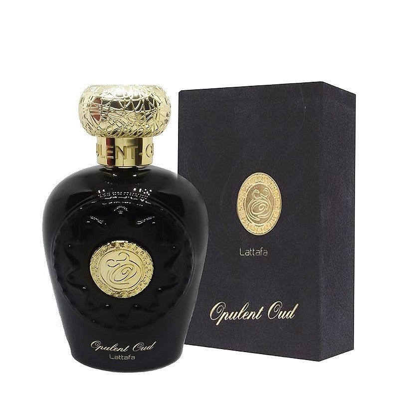 Schwarzer Flakon und Schachtel. Aufschrift 'Opulent Oud Lattafa'. Goldene Verzierung. Goldener Deckel.