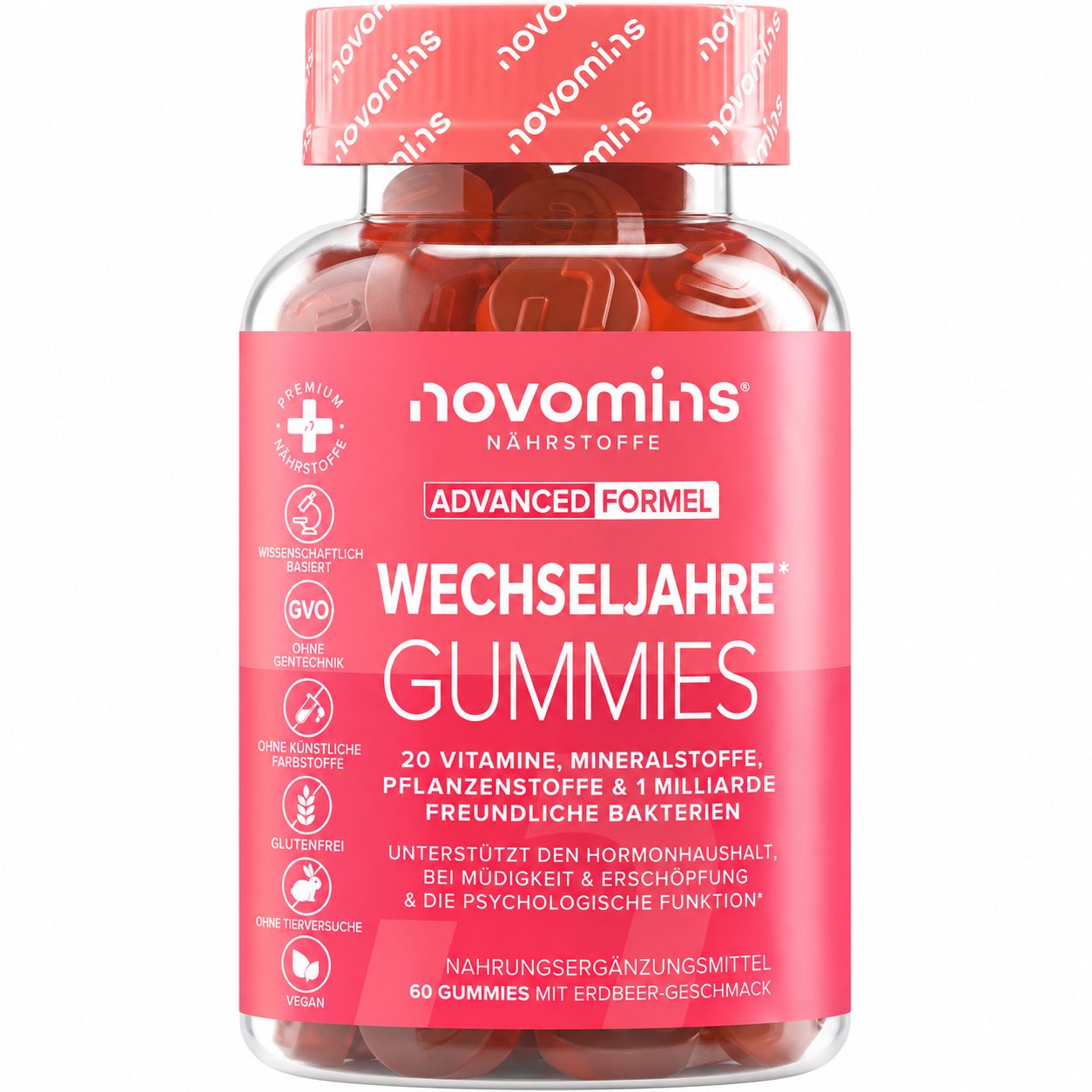 Novomins Wechseljahre Gummies, 60 Stück, Erdbeergeschmack.