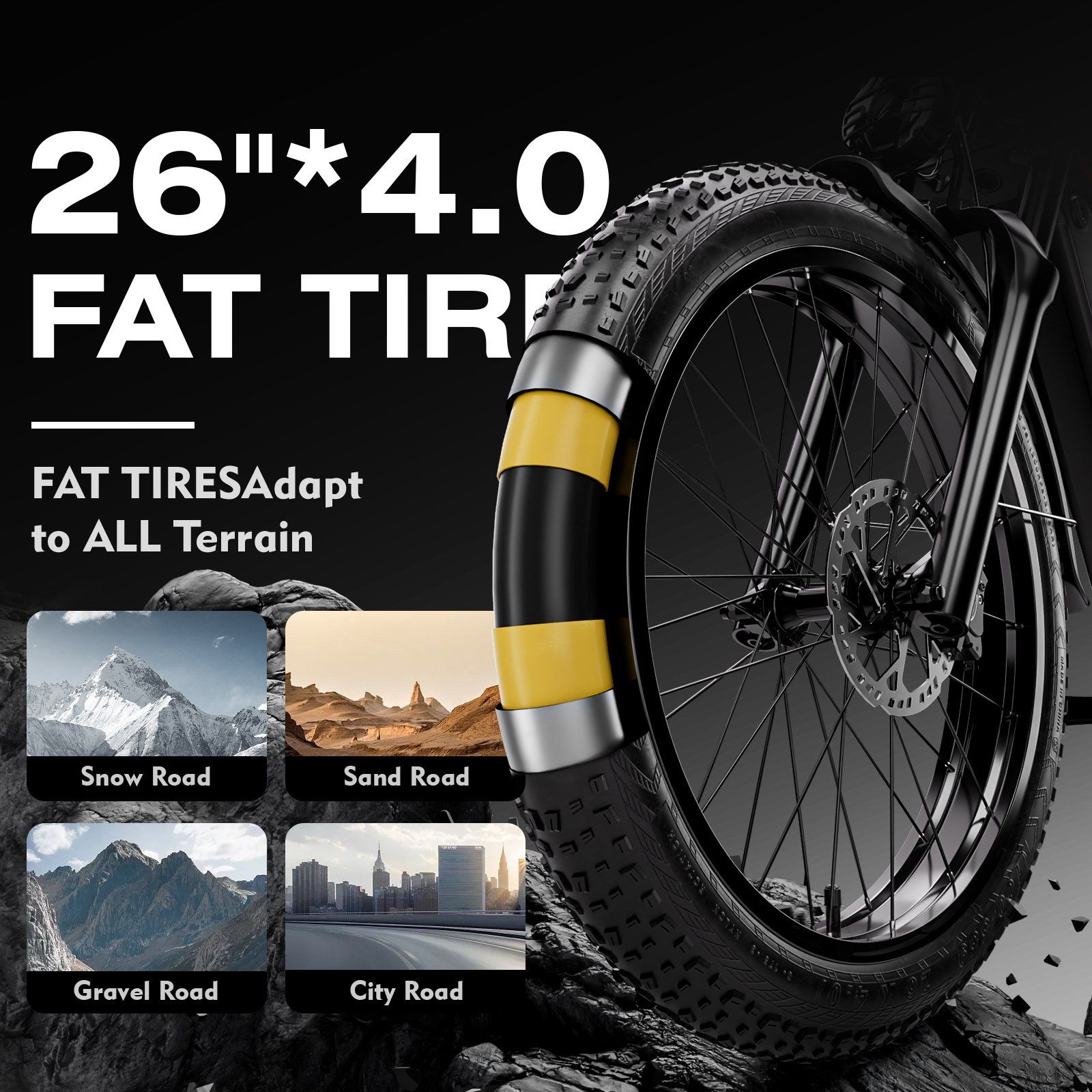 Nahaufnahme eines Reifens. Text: 26"*4.0 FAT TIRES. FAT TIRES Adapt to ALL Terrain. Illustrationen: Schnee, Sand, Schotter, Stadt.