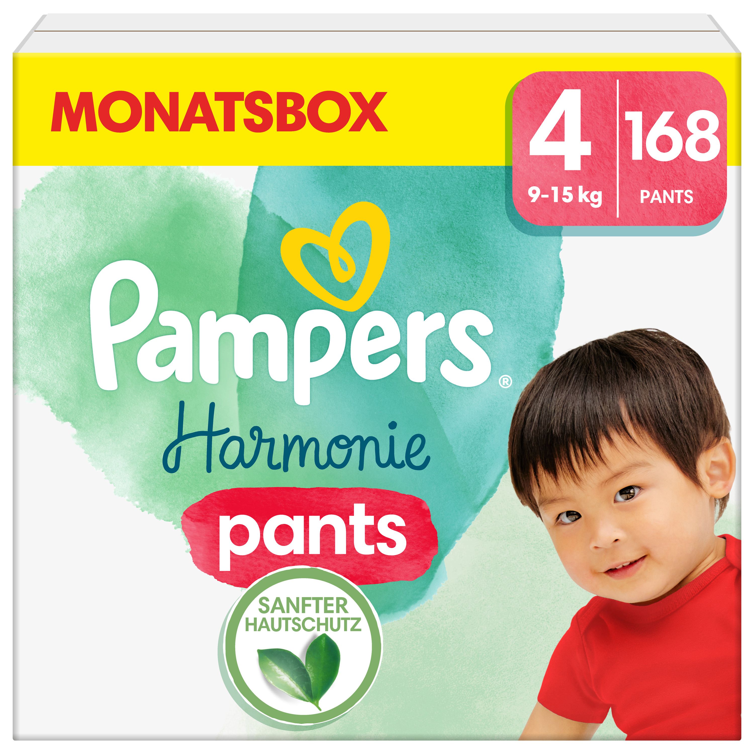 Pampers Harmonie Pants Gr.4, 9-15kg. Verpackung mit Baby. Aufdruck: MONATSBOX, 4, 168 Pants, sanfter Hautschutz.